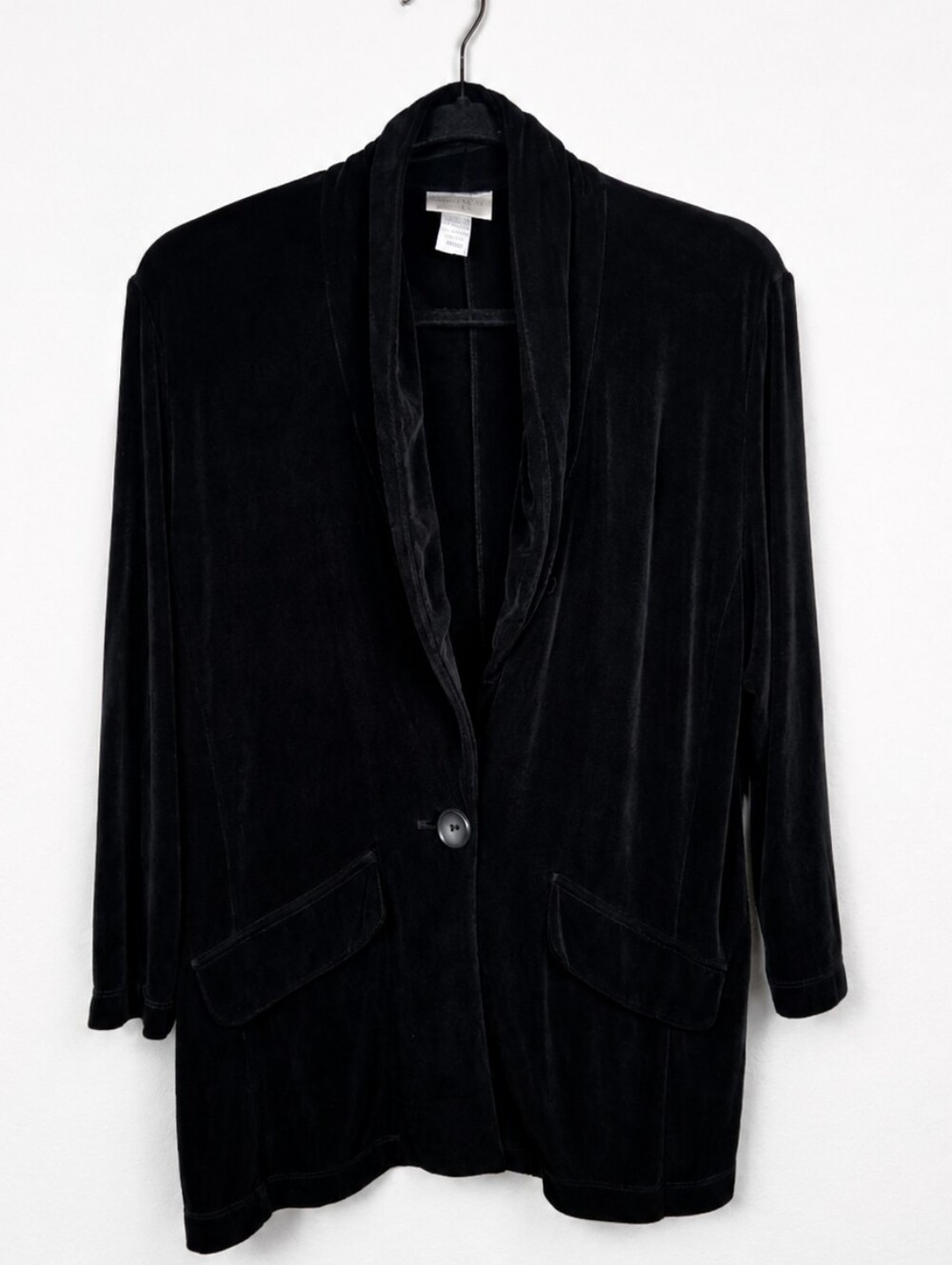 Chico's Travelers Size 2 L Black Velvet Blazer Jacket Shawl Collar Quiet Luxury